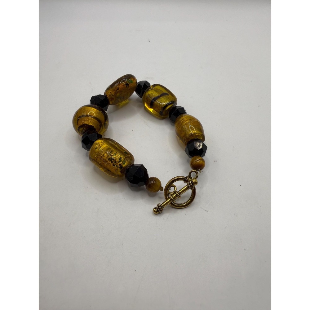 Vintage‎ Amber Tone Glass Bead Bracelet – Faceted Black Beads Gold Toggle Clasp